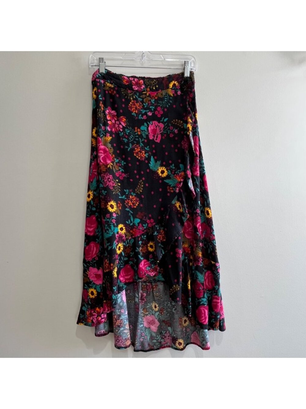 Rue 21 Floral Maxi Skirt Womens S Black Ruffle High Low Asymmetrical Boho